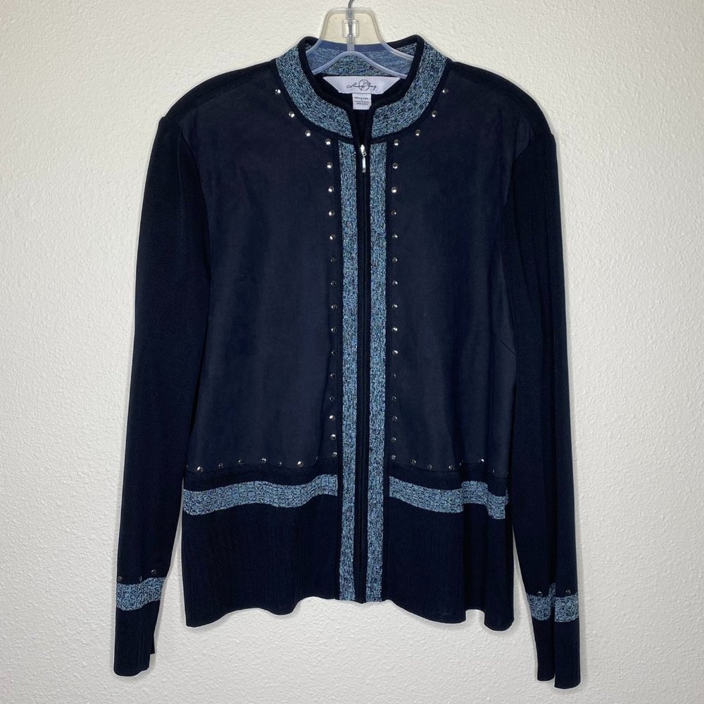 MING WANG Faux suede & Knit Zip Jacket with Stud Accents